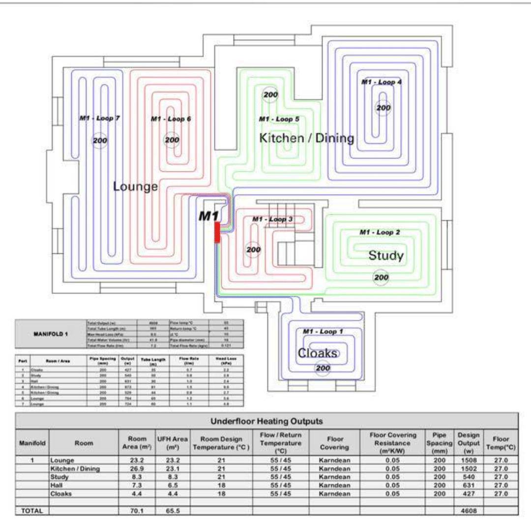 A 2D blueprint of an underfloor heating system with screed to be installed by GM Floor Screeds