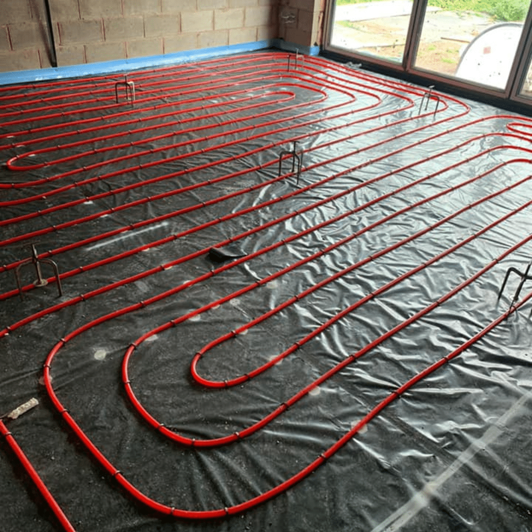 An underfloor heating system installed in a domestic property with liquid screeds by GM Floor Screeds
